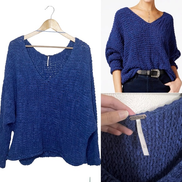 Free People Sweaters - Free People Dolphin Bay Blue Sweater Knit Soft Oversized L Deep V Neck Slouchy